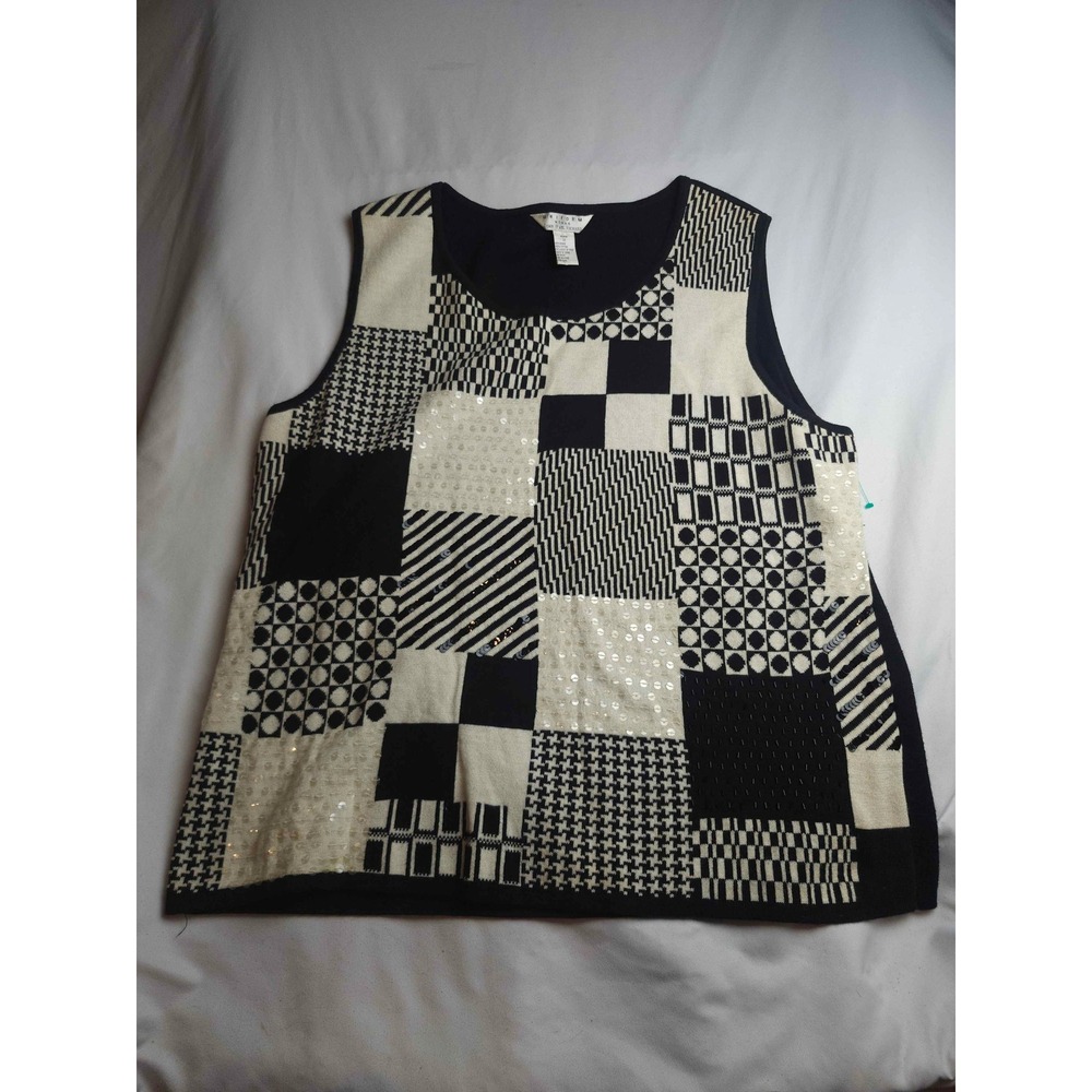 John Paul Richard Uniform Womens Black White Patchwork Sequin Knit Tank Top 2X